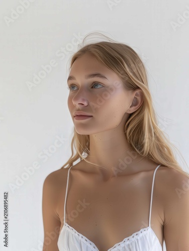 Portrait of a beautiful woman wearing white casual clothes standing against a bright neutral background