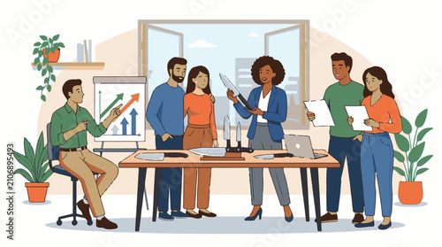 Diverse team in an office setting with a presentation and knife display
