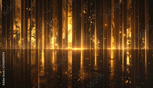 Golden bars reflecting on a dark surface with light gleaming in the center, creating a shimmering, abstract pattern
