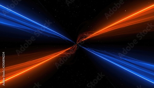 Symmetrical image of glowing blue and orange lines meeting in the center over a dark, star-speckled background
