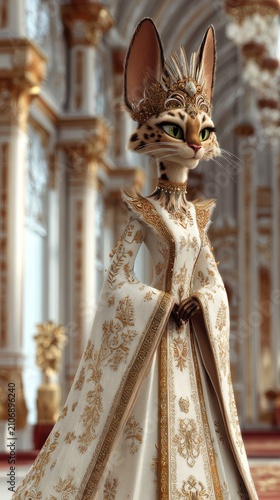 Majestic bengal cat empress in ornate gown and crown stands in a gilded palace hall