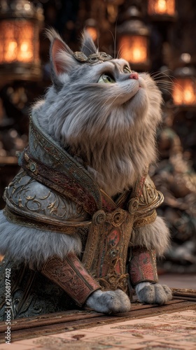 Majestic gray cat adorned in ornate armor, looking upwards with a regal expression in a dimly lit, atmospheric setting