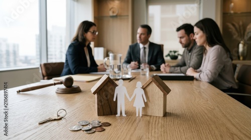 Divorce settlement meeting with legal professionals and couple