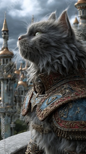 Majestic gray siberian cat wearing ornate armor stands before a fantasy castle under a sky