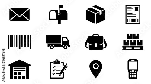 Logistics and Delivery Icons Set: Mail, Truck, Package, Warehouse, Barcode, Map Pin