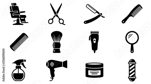 Photos Barber Shop Icons Set: Chair, Scissors, Razor, Comb, Brush, Clipper, Mirror, Dry