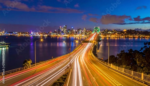 A nighttime cityscape with a highway bridge over water