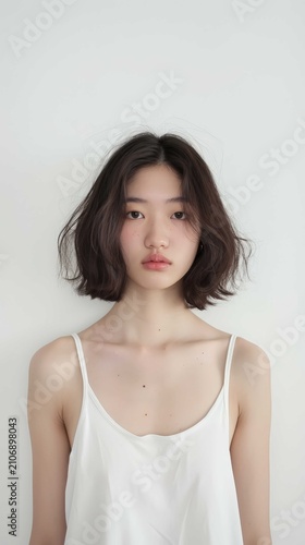 Portrait of a beautiful woman wearing white casual clothes standing against a bright neutral background