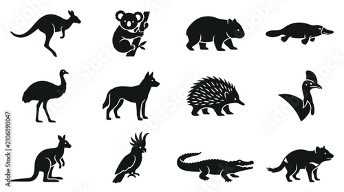Cuadro en lienzo Australian Wildlife Silhouette Icons: Kangaroo, Koala, Emu, Wombat, Platypus, Di