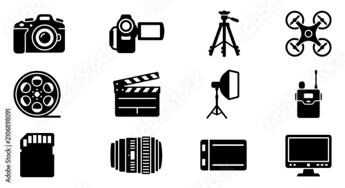 Photography and Videography Icons: Camera, Drone, Tripod, SD Card, Lens, Monitor, Film