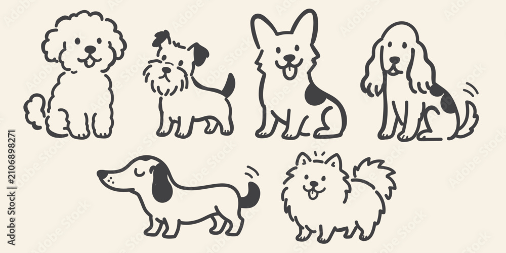 Fototapeta premium Cute Dog Breeds Doodle Set Hand Drawn Vector Illustration, Adorable Puppy Collection Featuring Poodle, Terrier, Corgi, Dachshund, Spaniel and Pomeranian, Minimal Pet Line Art Clipart