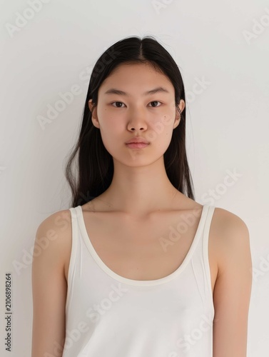 Portrait of a beautiful young woman wearing white casual clothes standing against a bright neutral background.