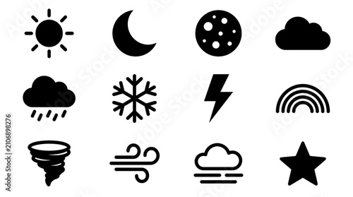 Weather Icons Set: Sun, Moon, Cloud, Snow, Rain, Lightning, Wind, Tornado, Rainbow