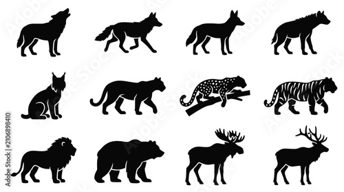 Foto Wild Animal Silhouettes Collection: Wolf, Tiger, Lion, Bear, Moose, Deer, Hyena,