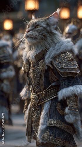 Majestic maine coon cat dressed as a medieval royal elite commander in ornate armor with fur trim