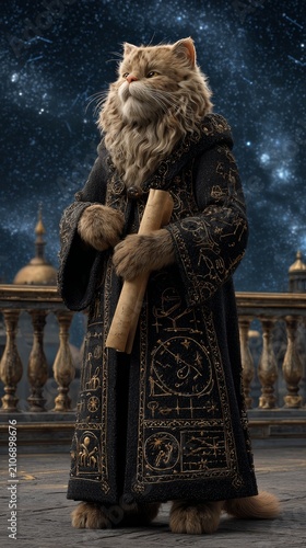 Majestic maine coon cat dressed as a royal astrologer holding a scroll under a starry night sky
