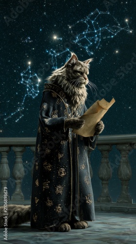 Majestic maine coon cat dressed as a royal astrologer reads a scroll under a starry night sky with constellations