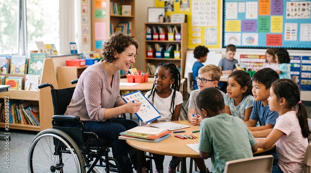 Obraz premium Inclusive classroom setting with a teacher in a wheelchair teaching diverse young students