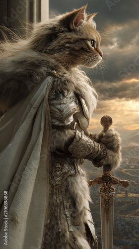 Majestic maine coon cat dressed as a warrior princess in armor and cape holding a sword