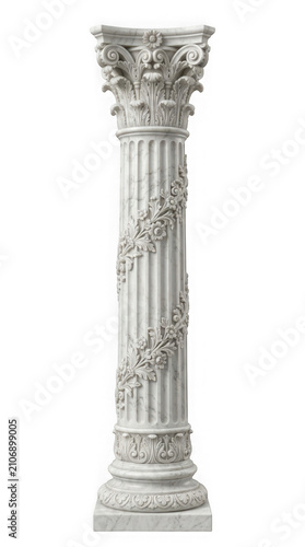 White ornate classical column featuring climbing floral vine carvings as isolated object