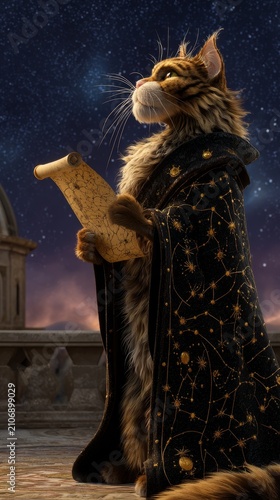 Majestic maine coon cat dressed in a starry robe, holding a scroll, looking up at the night sky