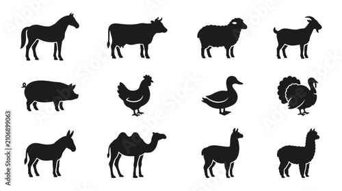 Fotografia Farm Animal Silhouettes Collection: Horse, Cow, Sheep, Goat, Pig, Chicken, Duck,