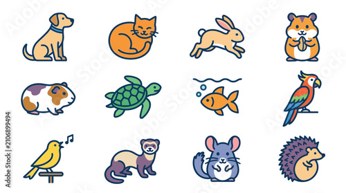 Bild auf Leinwand Cute Cartoon Pets Collection: Dog, Cat, Rabbit, Hamster, Guinea Pig, Turtle, Fis
