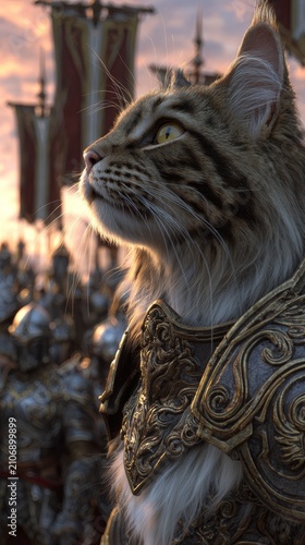 Majestic maine coon cat in ornate armor stands before a medieval army at sunset