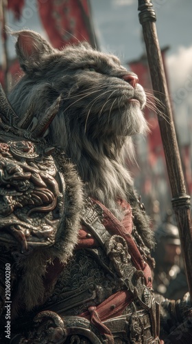 Majestic maine coon cat warrior adorned in ornate armor, holding a spear, leading a fantasy army into battle