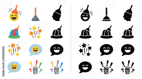 Canvastavla Collection of cartoon icons representing celebration, surprise, and humor, including emojis and festive elements