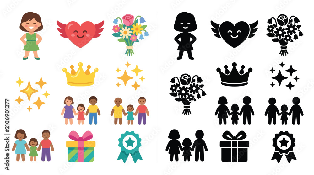 Fototapeta premium Collection of Icons Representing Family, Celebration, and Love in Both Color and Silhouette.