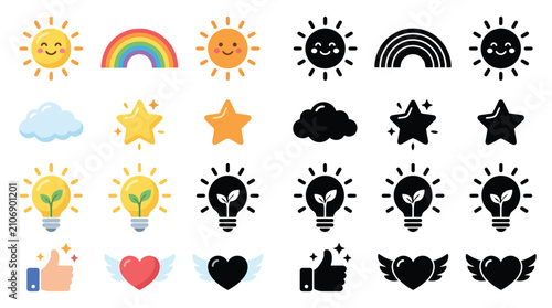 Tableau sur toile Collection of cute cartoon weather icons and symbols, including sun, rainbow, clouds, stars, lightbulbs, and hearts, in both color and black and white