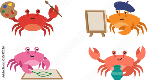 Tableau sur toile Cute Cartoon Artist Crab Vector Illustration Set Featuring Crab with Paint Palet