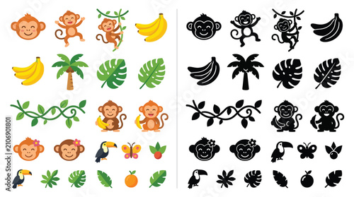 Bild auf Leinwand Collection of cute cartoon monkeys, bananas, tropical leaves, and jungle elements in color and silhouette
