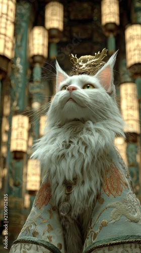 Majestic white maine coon cat adorned in ornate imperial robes and a golden crown, looking upwards with regal poise