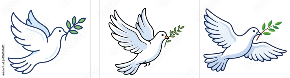 Fototapeta premium Peace-Dove Flying White Bird with Olive Branch Minimal Flat Vector Illustration Collection for International Peace Day Design