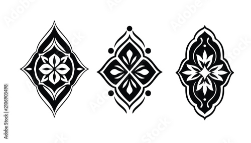 Hand drawn ornamental floral motifs in elegant black color. Decorative silhouette elements for branding, packaging, invitations, stationery and print design. Isolated vector illustration.