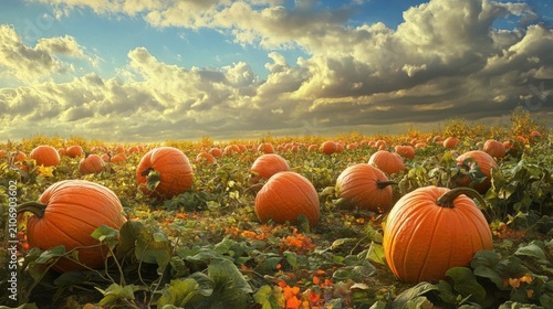 Ripe pumpkins in a field at sunset. Orange gourds growing in an autumn farm patch.