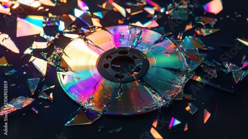 Broken compact disc on black background. Shattered optical media with iridescent reflections.