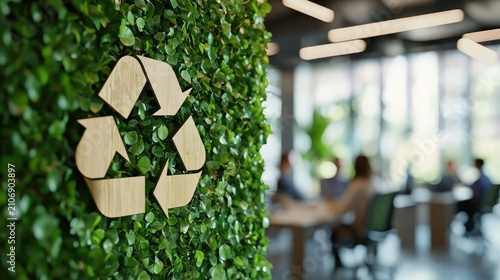 Recycle symbol on green wall in office