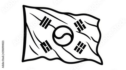 National Symbol - South Korea Taegukgi Flag Black and White Line Art Illustration Waving on White Background