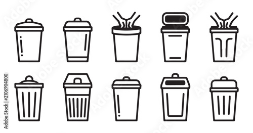 Fotografía Assorted line art icons of various household waste bins with different lids and opening mechanisms set