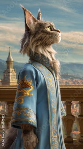 Noble maine coon cat portrayed as a young prince wearing a blue robe with gold embroidery, looking to the sky