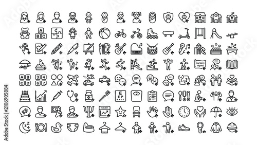 Fotografi Comprehensive outline vector icon set illustrating childhood development educati