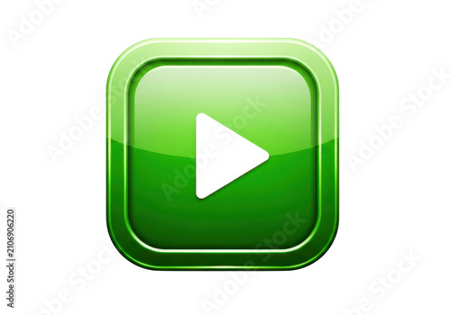 Green square play button with rounded corners and glossy effect, icon for video or audio playback and streaming services isolated on transparent background.