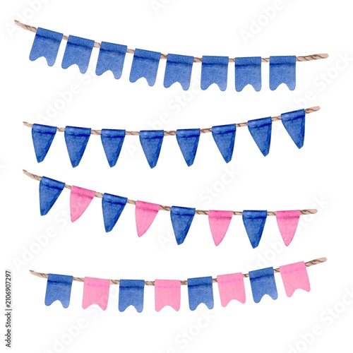 A set of triangular and traditional flag garlands for baby shows and parties in pink and blue, hand-painted with watercolors on an isolated background. Illustrations for party and sports design