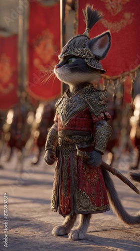 Siamese cat warrior in ornate armor and helmet stands ready for battle with banners in