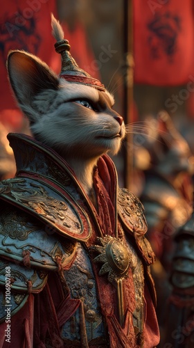 Siamese cat warrior in ornate armor and helmet with feather, standing in front of red banners