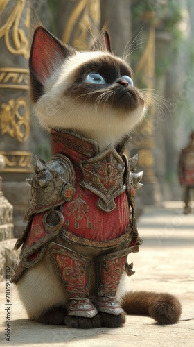 Siamese cat warrior in ornate armor with blue eyes and fur, looking up inquisitively in a fantasy setting
