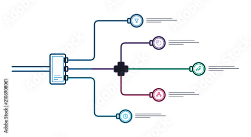Minimalist workflow infographic layout showing five curved line branches connecting a central junction node to circular business graphic option elements